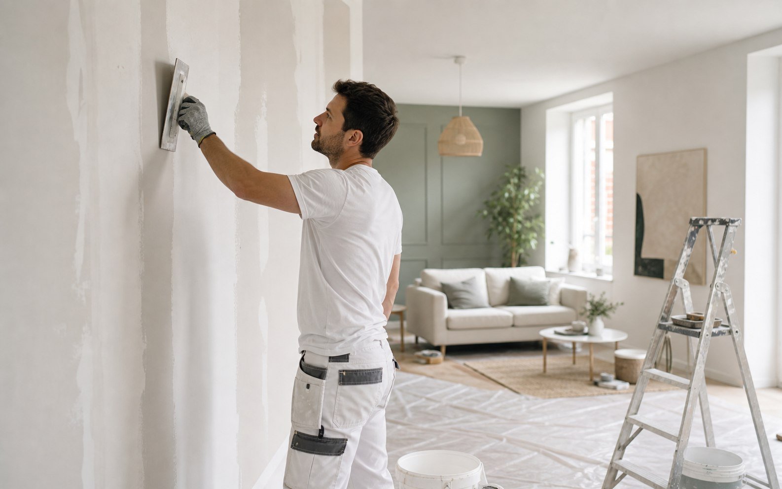 Professionnel préparant un mur intérieur dans un salon protégé