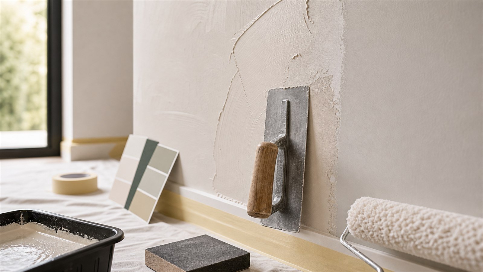 Application d'enduit sur un mur intérieur avant peinture