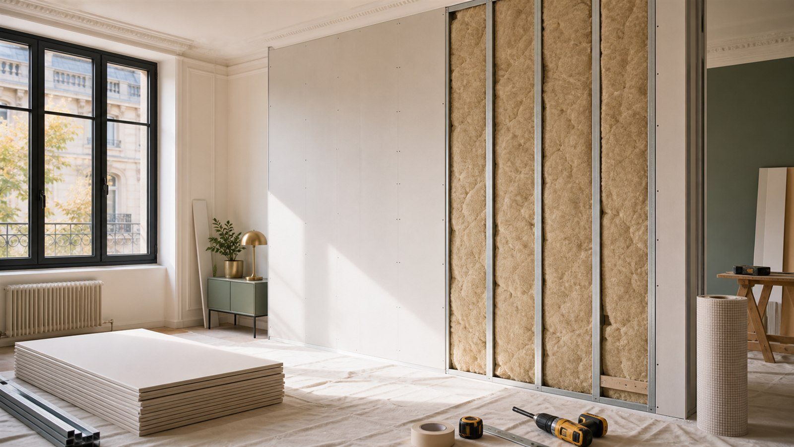 Isolation intérieure d'un mur avec ossature et plaques de plâtre dans un logement