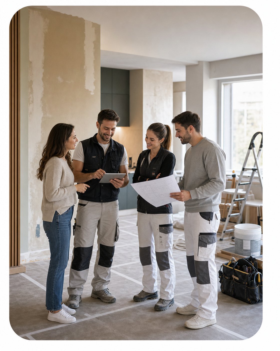 Équipe de rénovation échangeant avec des clients sur un chantier intérieur