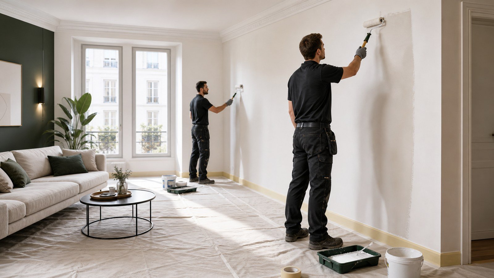 Chantier de peinture intérieure propre et protégé