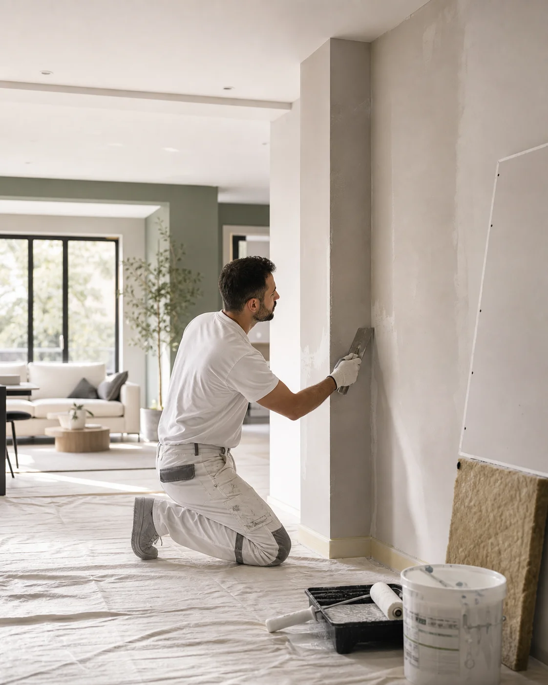 Professionnel réalisant une finition murale dans un intérieur rénové et protégé